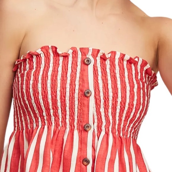 Faithfull The Brand Mazur Strapless Striped Linen Top Smocked US 6 Peplum - Picture 4 of 15